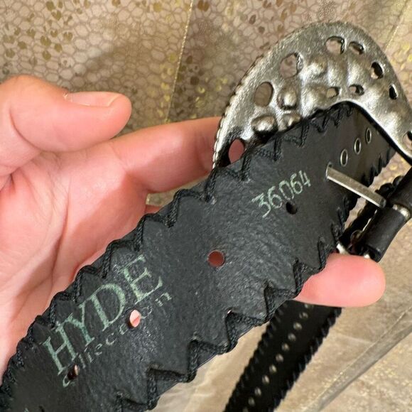 Hyde Collection Black Leather Silver Studded Western Rhinestone Belt XL - Picture 4 of 5